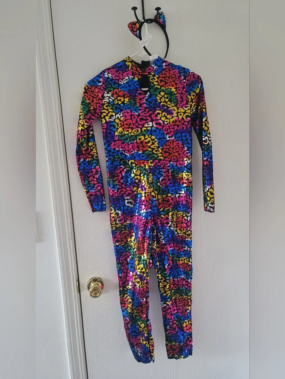 Kid UNISEX Wild Cat Rainbow Foil Leopard Halloween Costume Jumpsuit Size 8